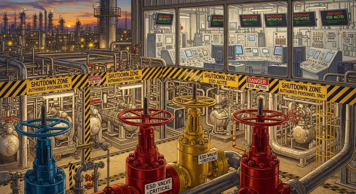 Emergency Shutdown System layout in industrial plant with ESD valves and safety instrumentation