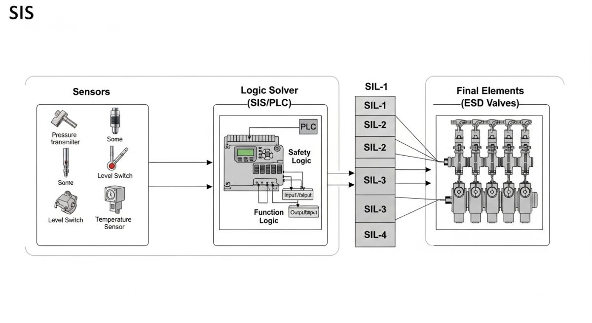 Emergency shutdown system working diagram with sensors logic solver and shutdown valves