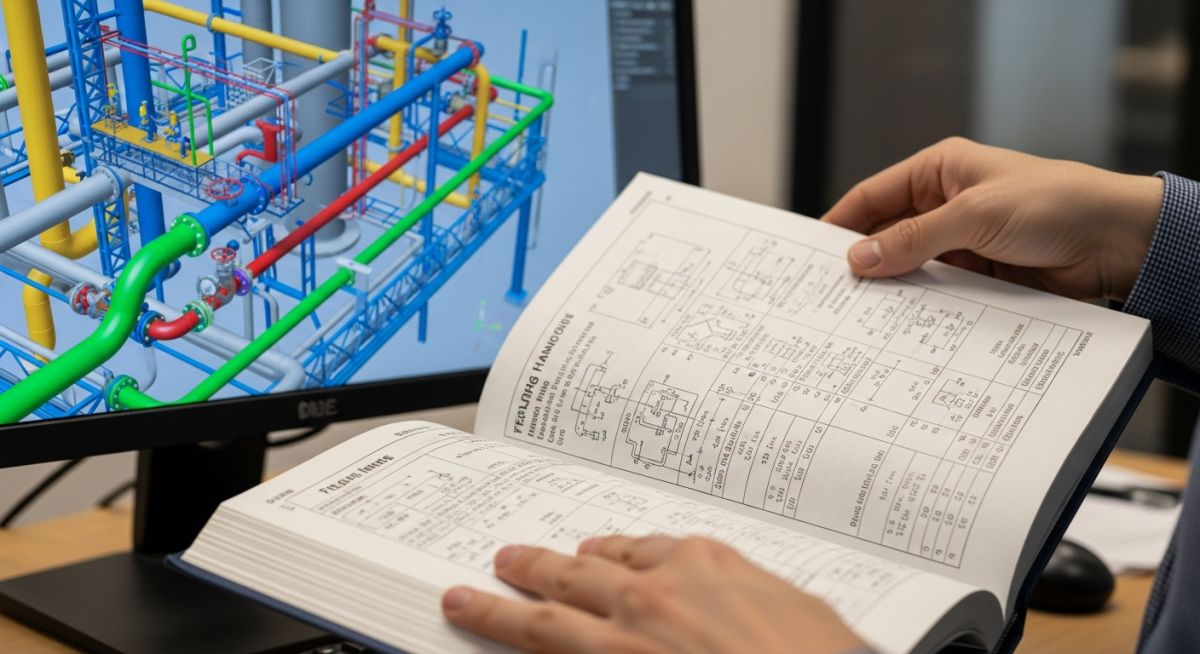 Piping engineer referencing a design handbook while working on a CAD model