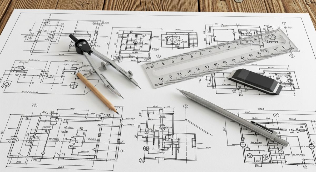 Detailed engineering blueprint showing different types of technical drawing lines with drafting tools.