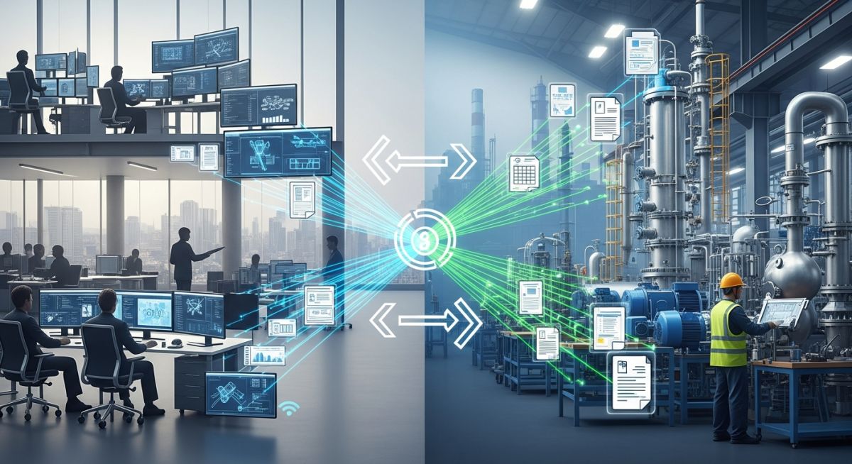 Conceptual illustration of digital technical data exchange between an engineering office and a process equipment vendor.