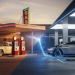 Conceptual illustration of a modern electric vehicle charging station transitioning from a traditional gas pump.