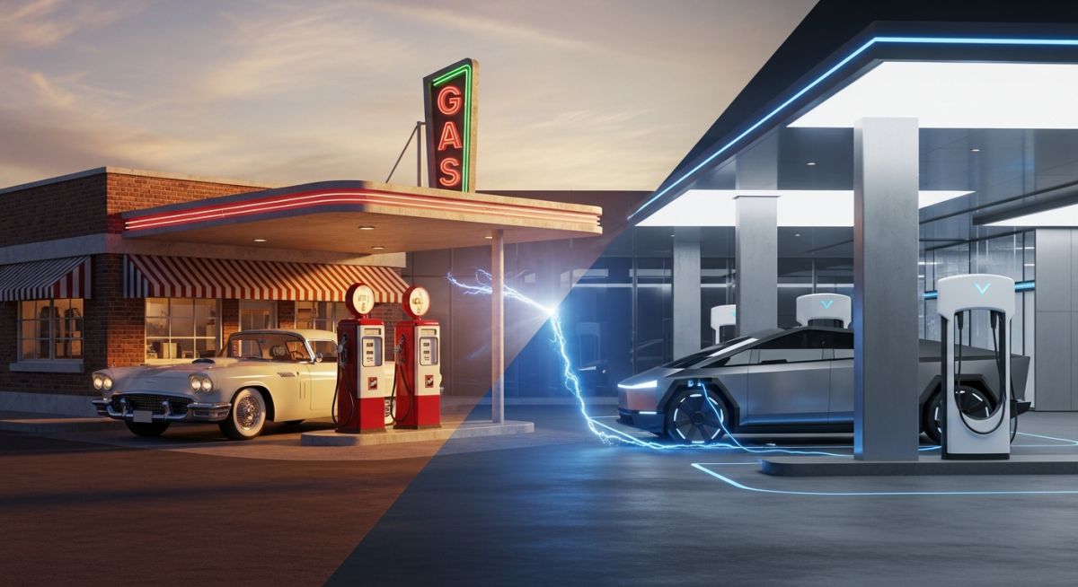 Conceptual illustration of a modern electric vehicle charging station transitioning from a traditional gas pump.
