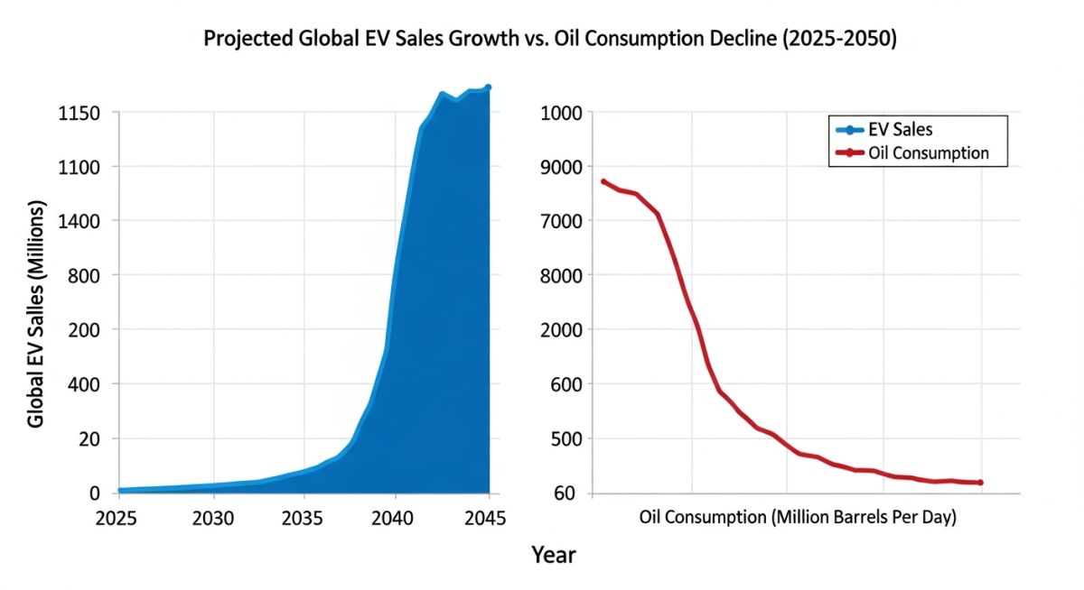 Technical chart showing EV market penetration curves and corresponding crude oil demand decline projections