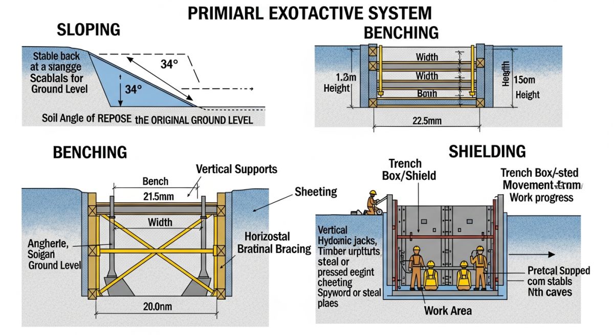 Technical diagram of excavation protective systems including shoring, shielding, and sloping