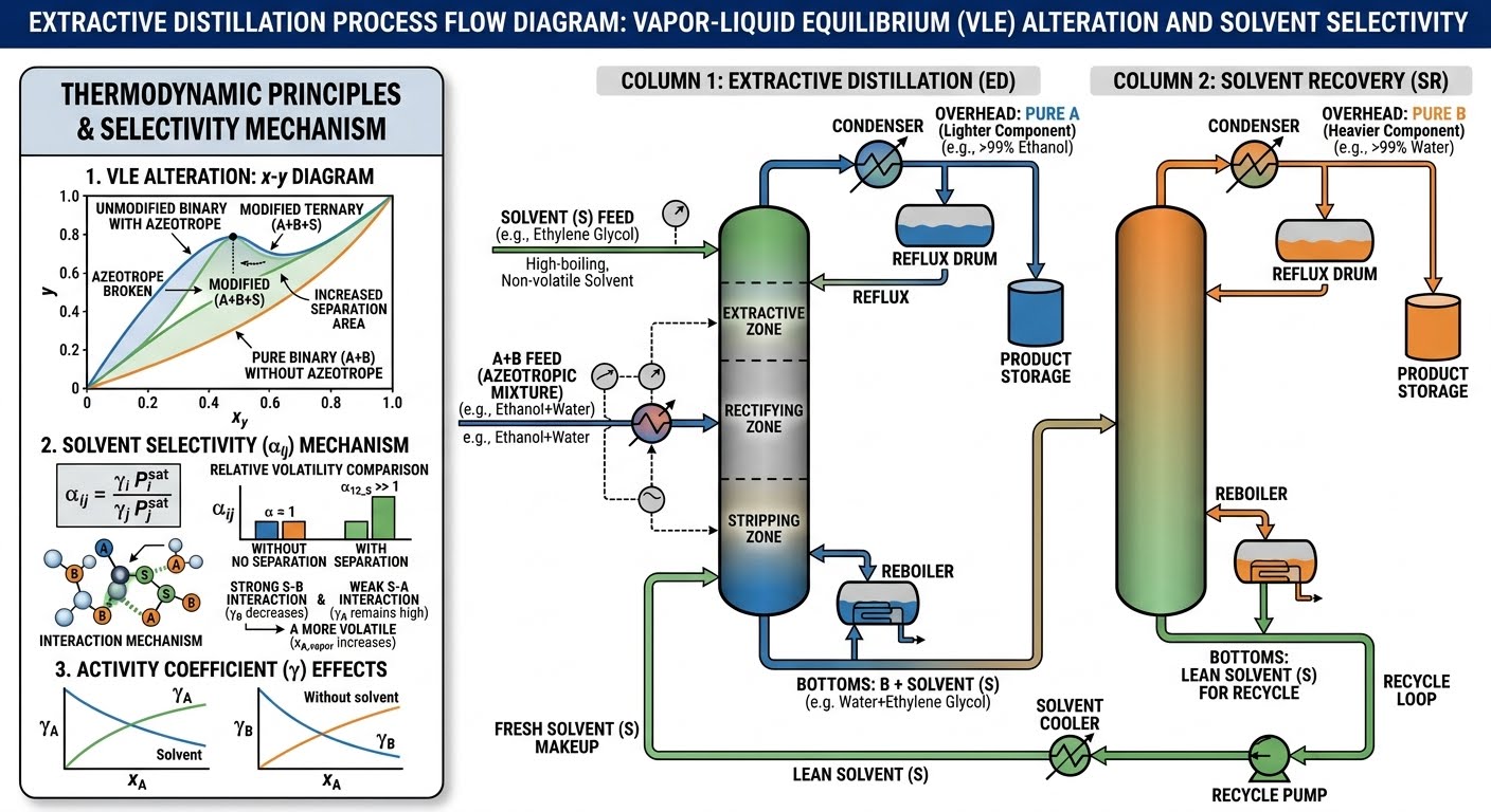 Extractive distillation process flow diagram for BTX recovery