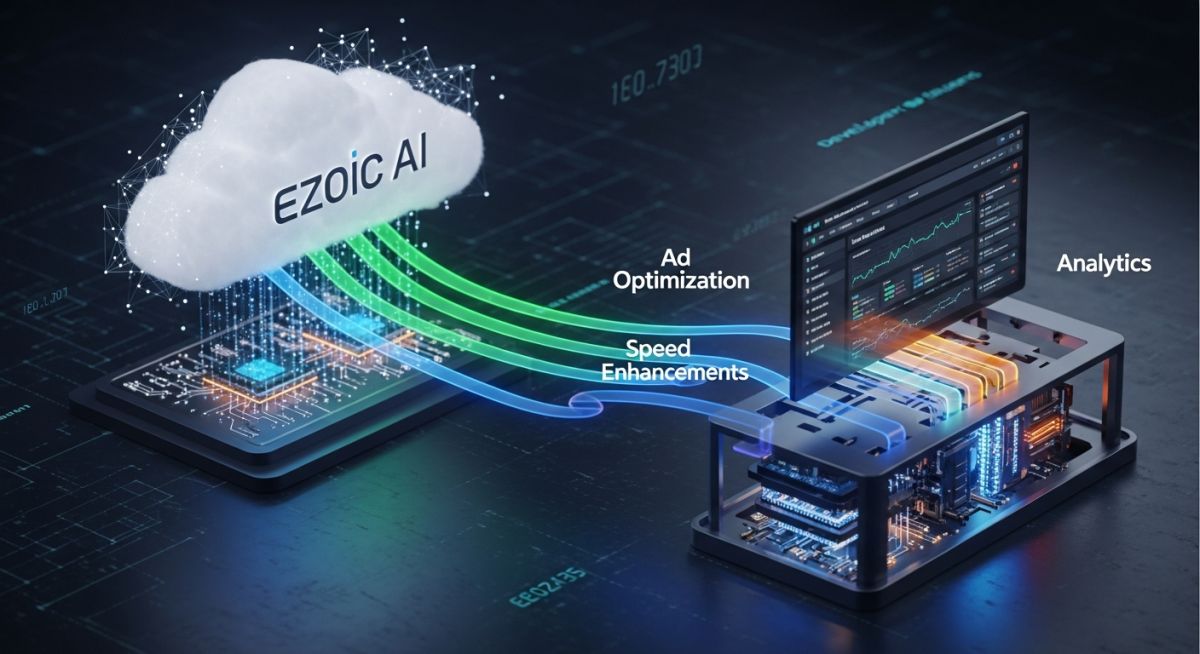 Conceptual diagram of Ezoic services integrating with a web server for cloud-based optimization.