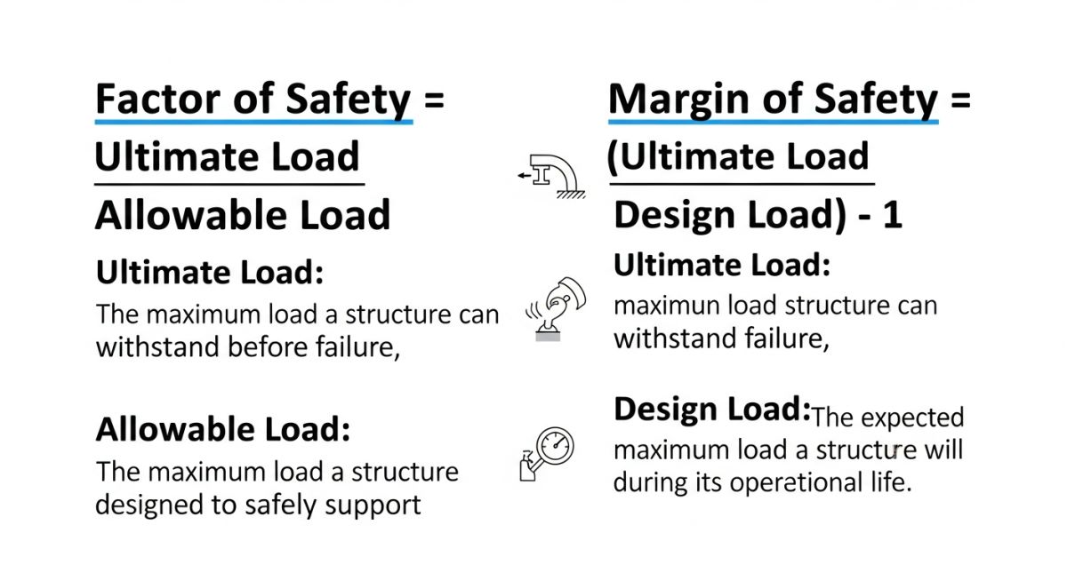 Factor of safety formula infographic showing ultimate strength versus allowable stress