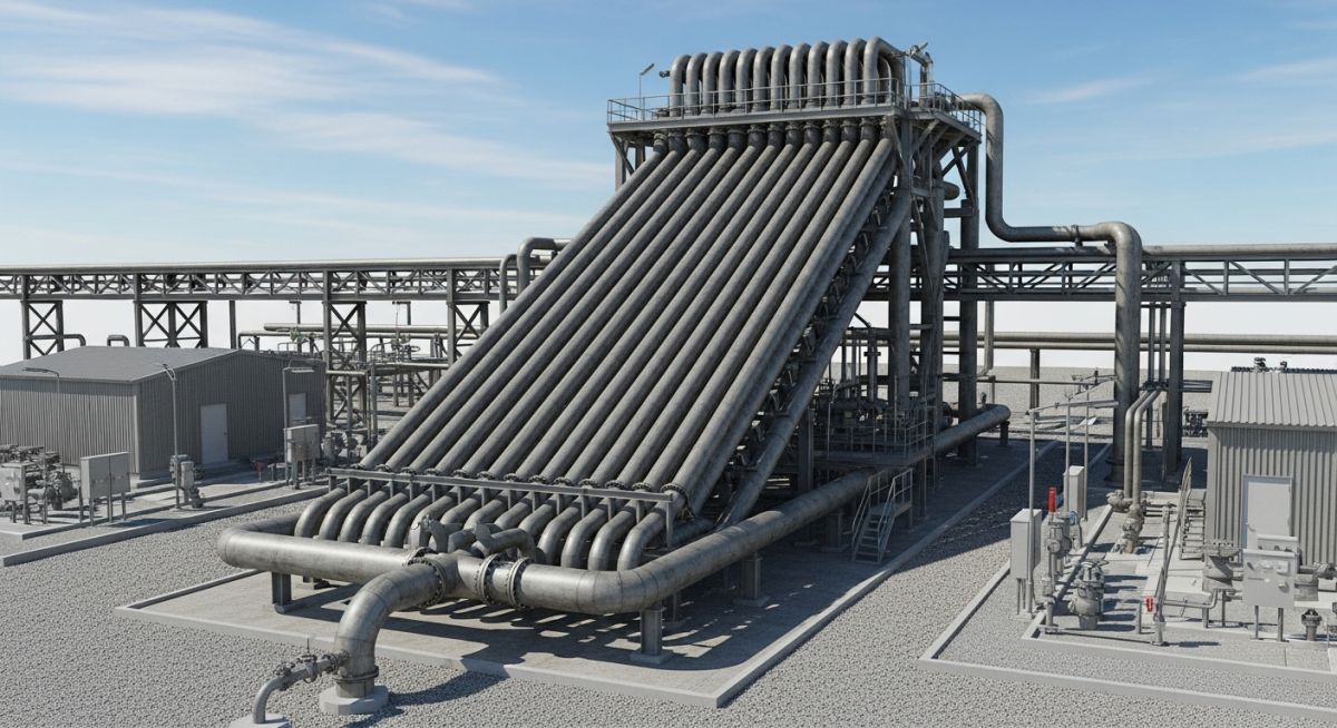 Industrial finger-type slug catcher installed at a natural gas processing plant.