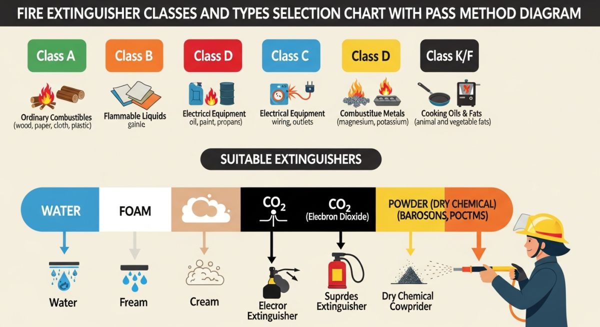 Fire extinguisher classes and types selection chart with PASS method diagram