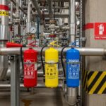 “Industrial fire extinguishers mounted near piping system with safety markings”