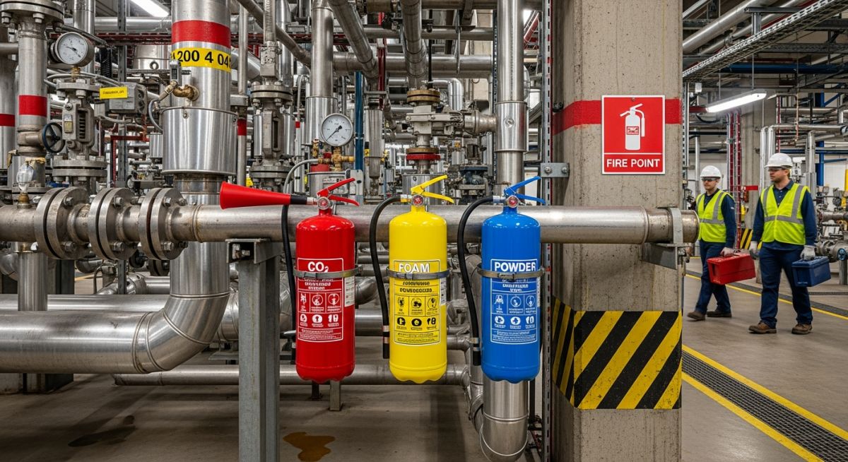“Industrial fire extinguishers mounted near piping system with safety markings”
