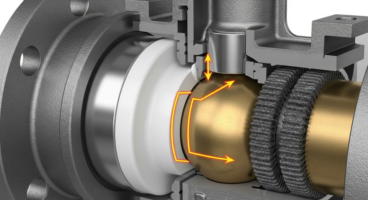 Cutaway diagram of a fire-safe ball valve showing primary and secondary metal-to-metal seals.