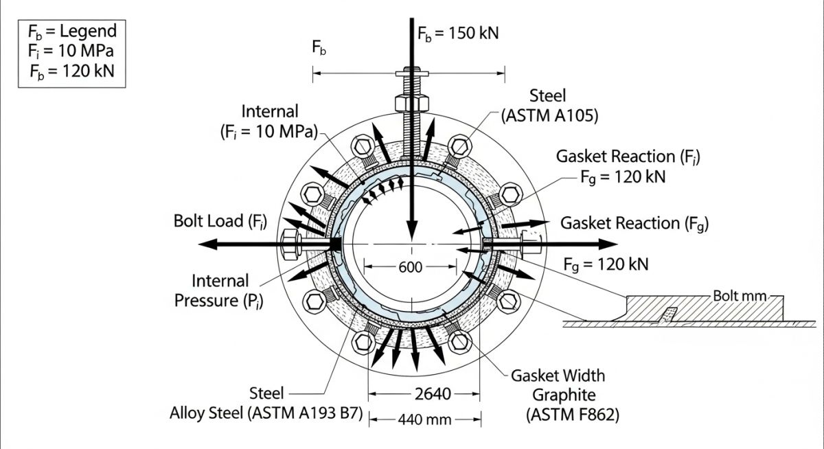 Flange leakage calculation forces diagram showing internal pressure, external bending moments, and axial forces acting on a bolted joint