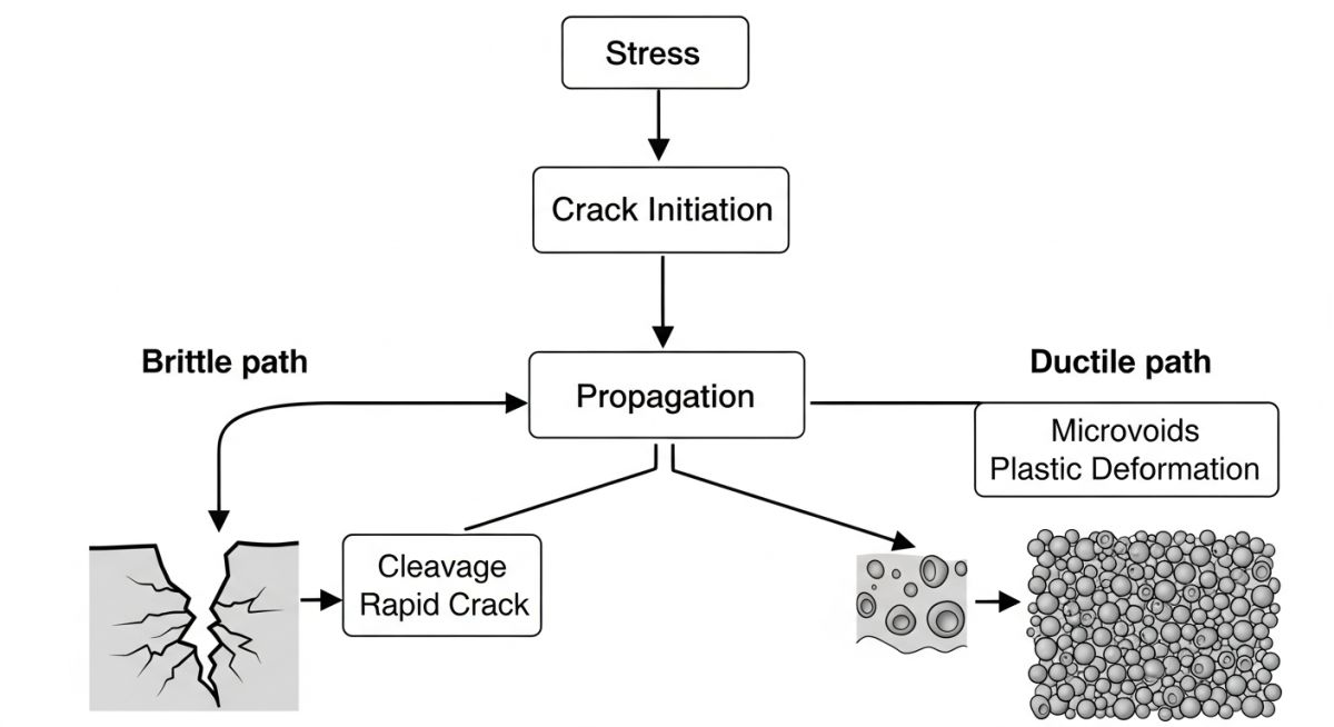 Engineering infographic showing brittle vs ductile fracture mechanism and crack behavior