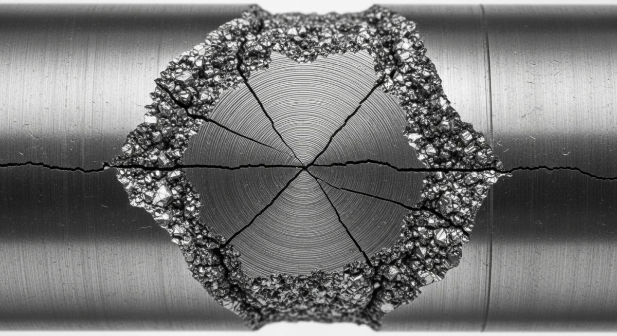 Close-up of a fractured steel shaft showing metal fatigue beach marks and failure zones.