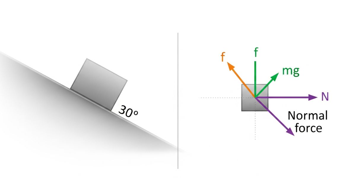 A side-by-side comparison of a physical block on an inclined plane and its corresponding free body diagram showing force vectors.
