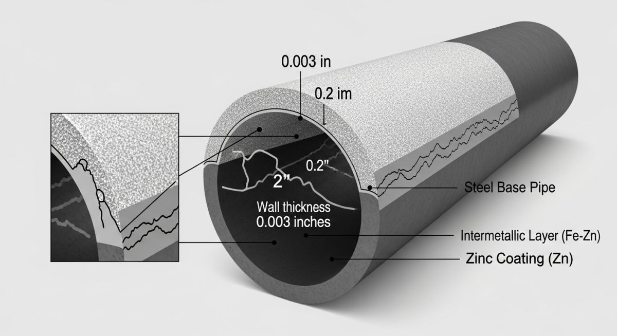 Cross-section diagram of galvanized steel pipe showing zinc-iron alloy layers