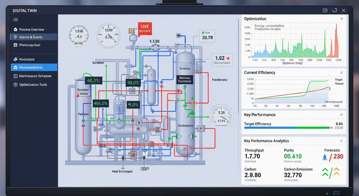 Gas processing optimization digital twin interface showing real-time thermodynamic data and control loops