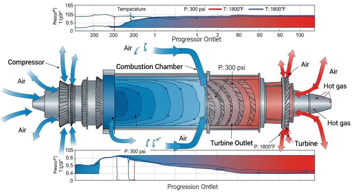 Brayton cycle diagram explaining gas turbine working principle with pressure and temperature stages