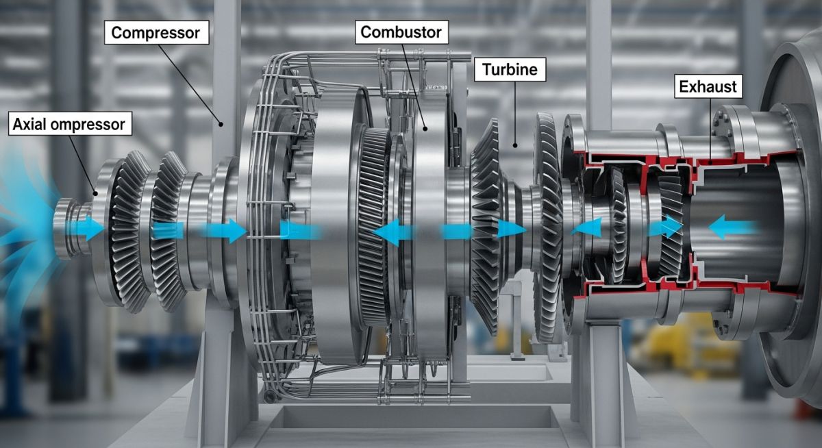 Industrial gas turbine system showing compressor combustion turbine and exhaust flow