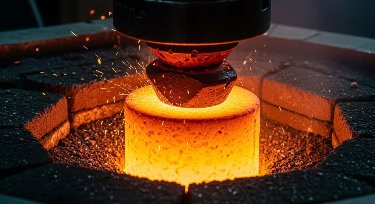 Glowing hot refractory metal component undergoing high-temperature industrial processing.