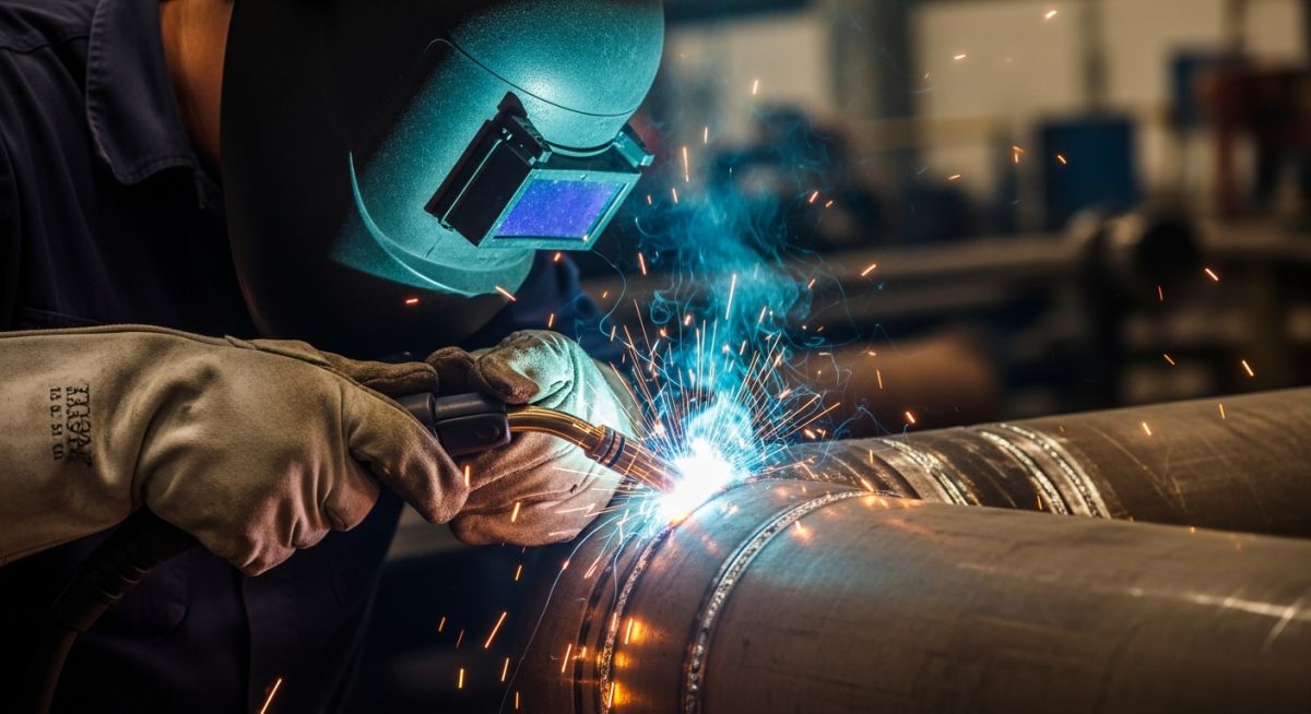 A welder performing a critical golden joint weld on an industrial steel pipeline.