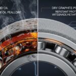 Split-screen comparison of liquid oil failing under extreme heat versus dry graphite lubricating a mechanical bearing smoothly.