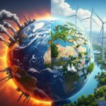 Conceptual illustration of the greenhouse effect transitioning to a net-zero carbon emission future.