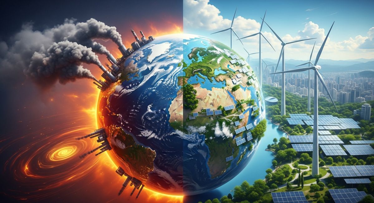 Conceptual illustration of the greenhouse effect transitioning to a net-zero carbon emission future.