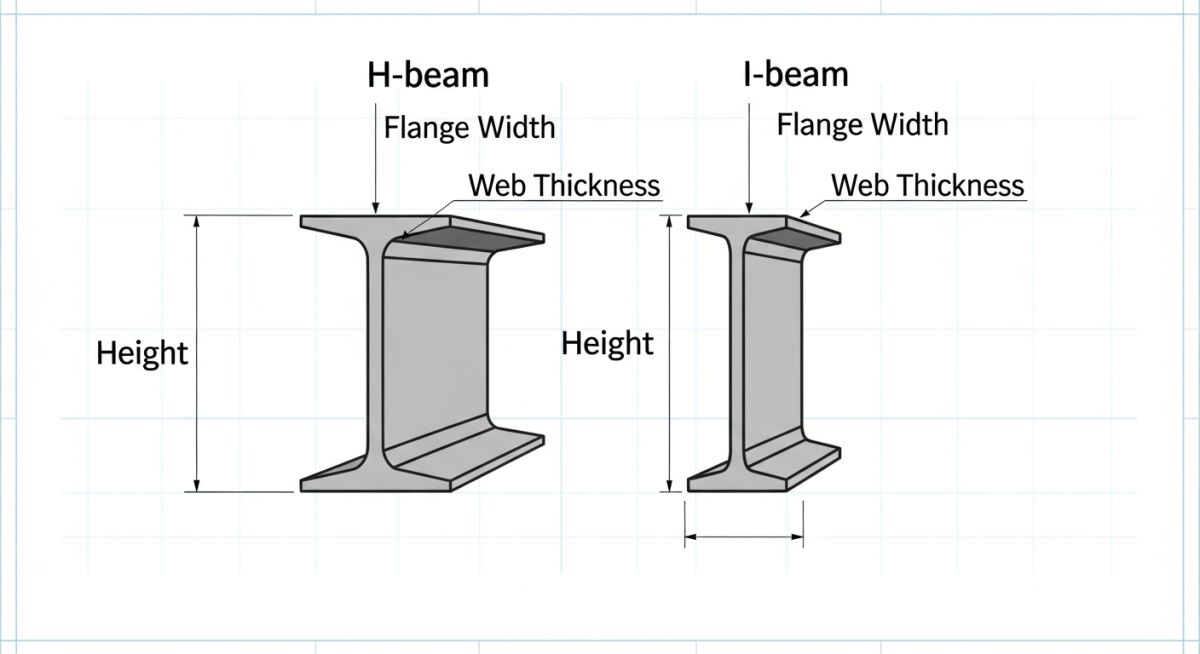 H-beam and I-beam cross-sectional dimension details