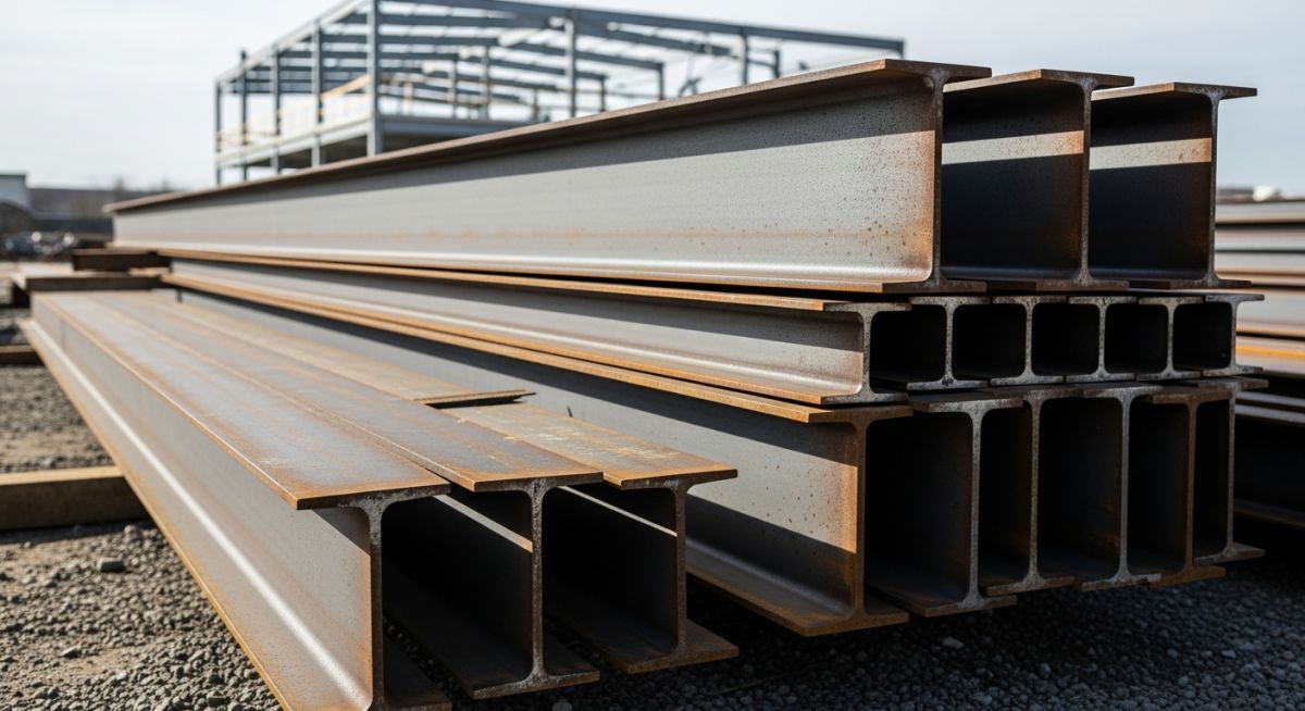 Comparison of structural steel H-beam and I-beam profiles on a construction site.