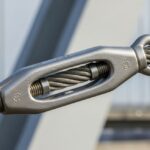 A heavy-duty stainless steel turnbuckle tensioning a structural cable.
