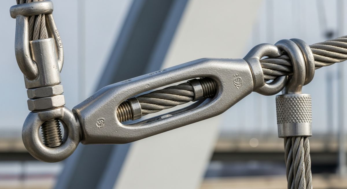 A heavy-duty stainless steel turnbuckle tensioning a structural cable.