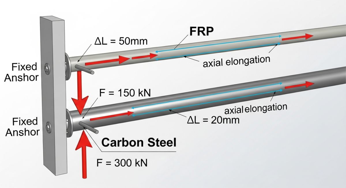 3D engineering diagram comparing thermal elongation and anchor loads of FRP and carbon steel pipes.