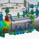 3D CAD model of an industrial pressure vessel with FEA stress analysis overlays for ASME code compliance.