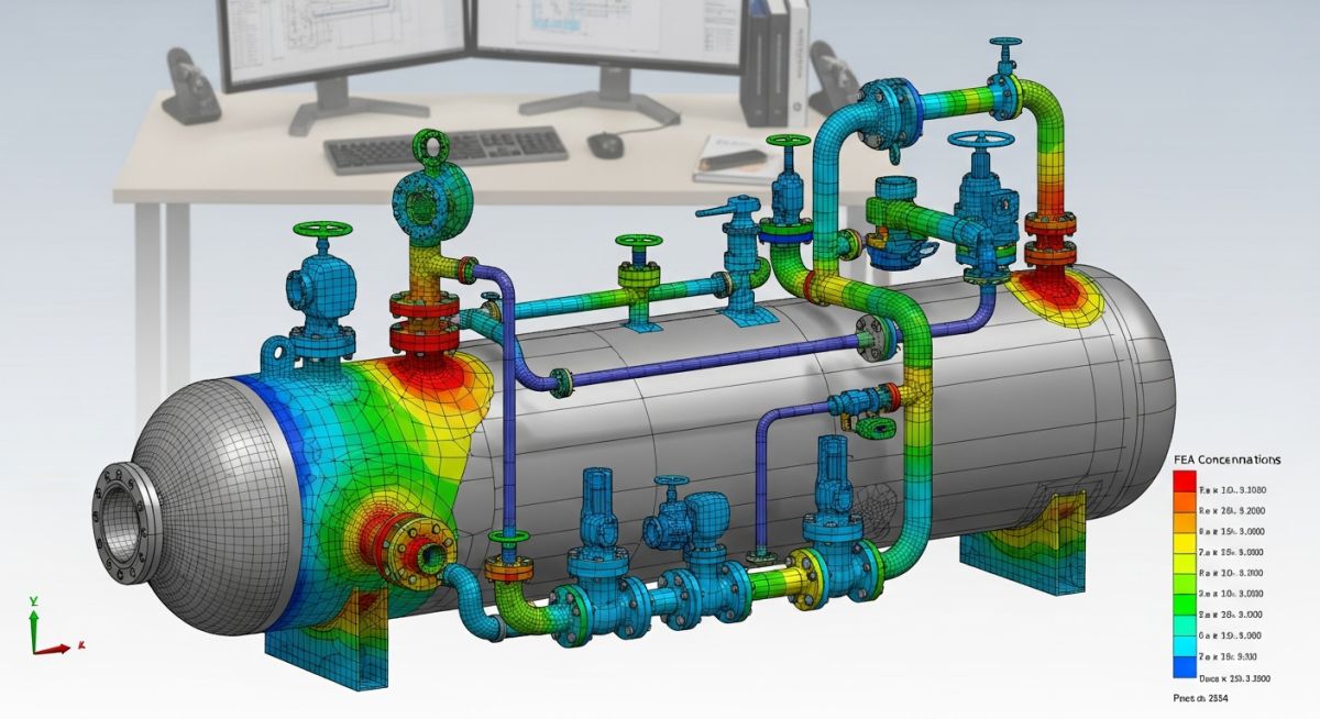3D CAD model of an industrial pressure vessel with FEA stress analysis overlays for ASME code compliance.