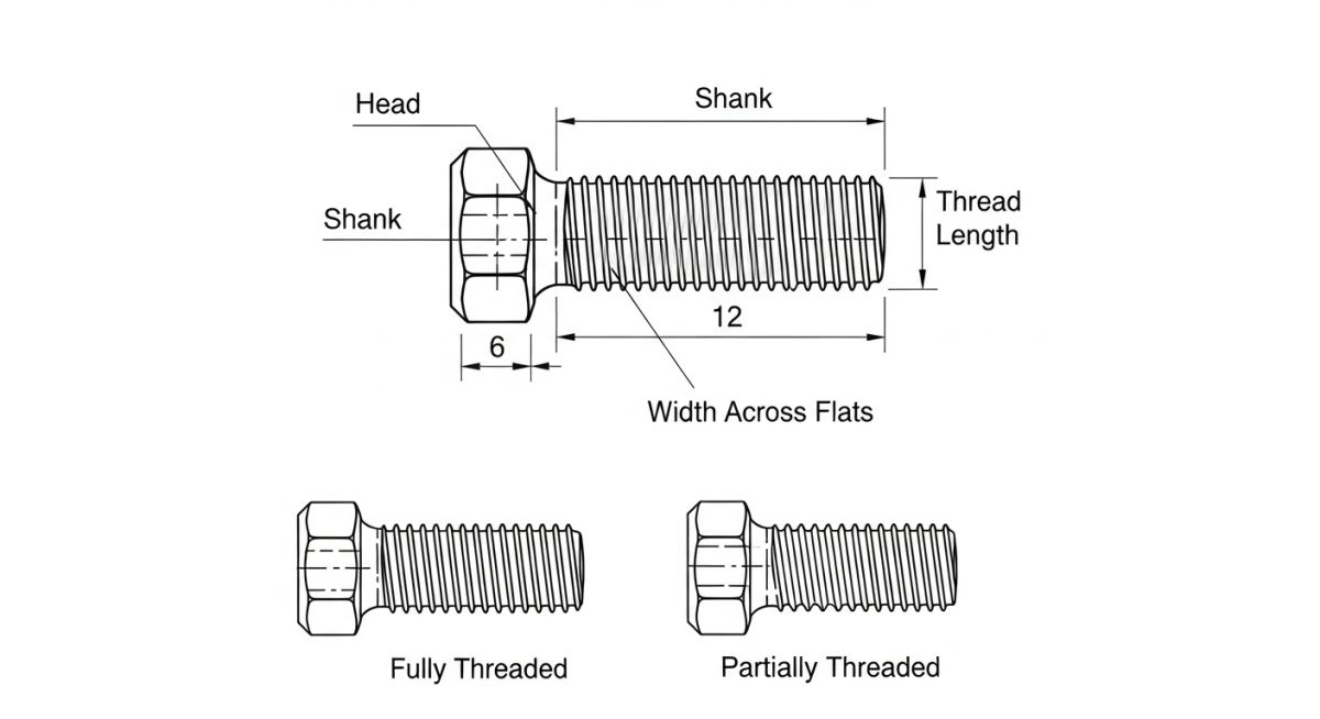 Anatomy and dimensional parameters of a standard hex bolt showing thread length, grip length, and head height