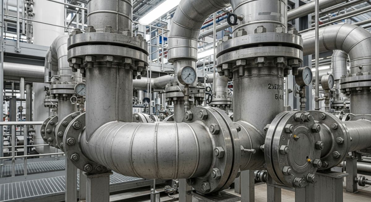 Thick-walled high-pressure steel piping and flanged connections in an industrial plant conforming to ASME B31.3 Chapter IX.