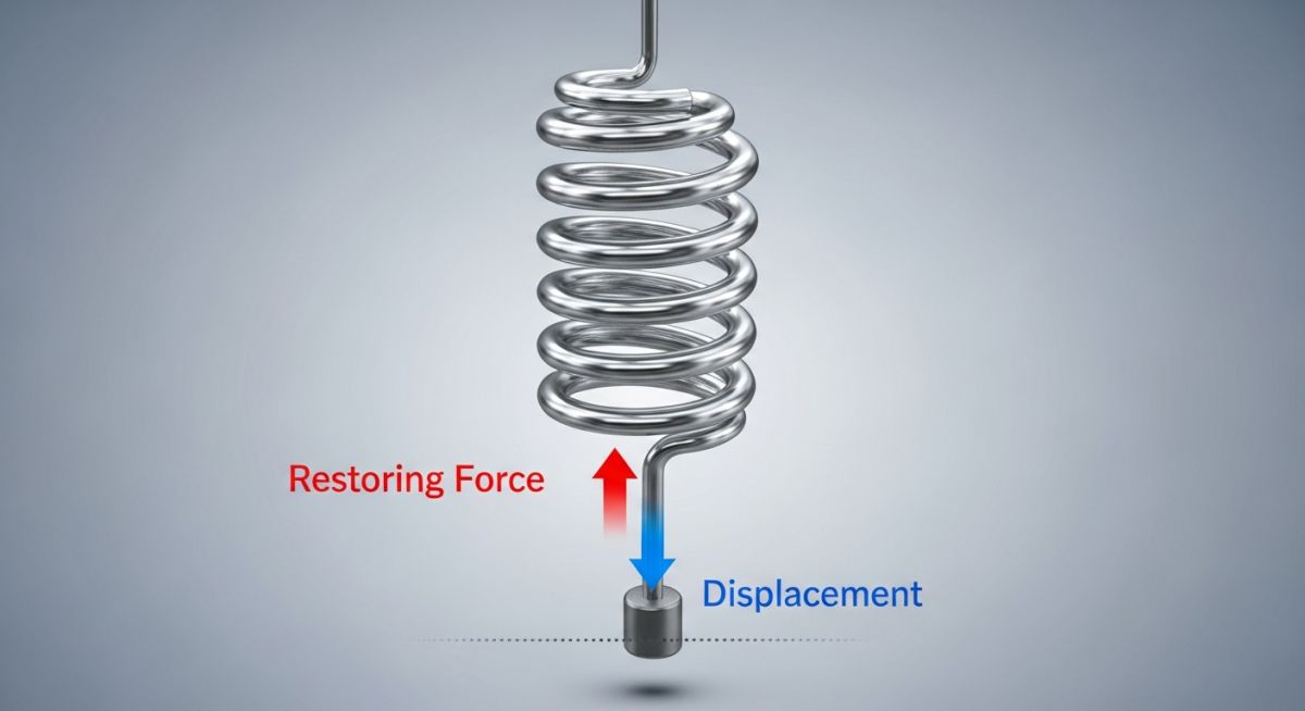 3D diagram of a metal spring stretching under a load to demonstrate Hooke's Law.
