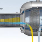 3D CAD model of a horizontal 3-phase separator vessel showing internal components and fluid phases.