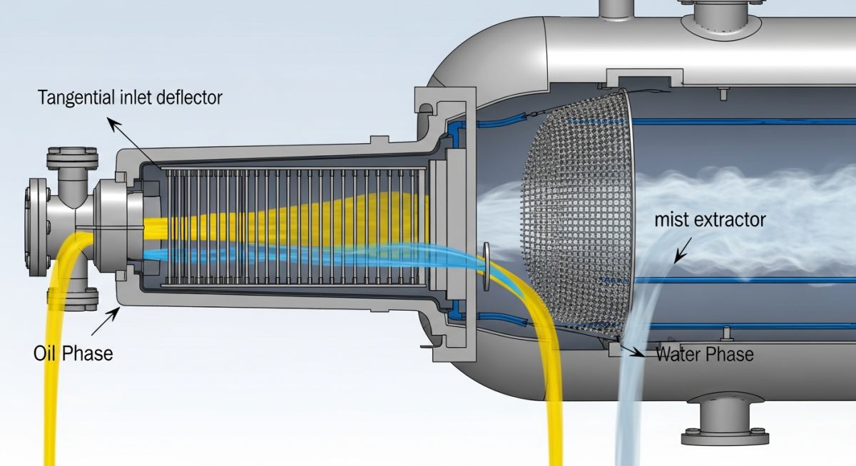 3D CAD model of a horizontal 3-phase separator vessel showing internal components and fluid phases.