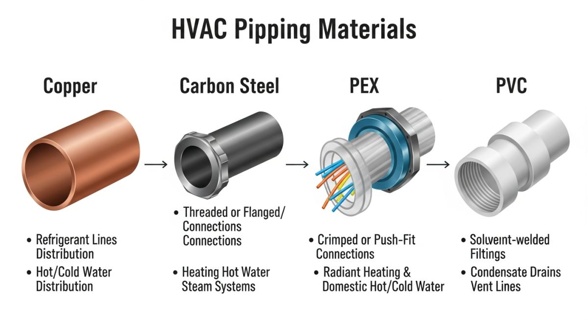 HVAC piping materials comparison chart detailing copper, carbon steel, and plastic performance