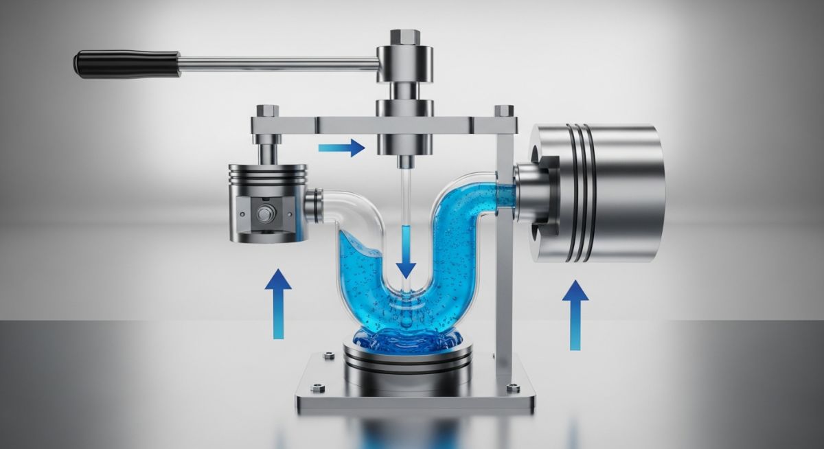3D diagram of a hydraulic press illustrating Pascal's law with pistons and fluid pressure