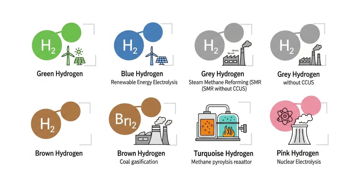 Diagram showing different hydrogen colors and their production processes