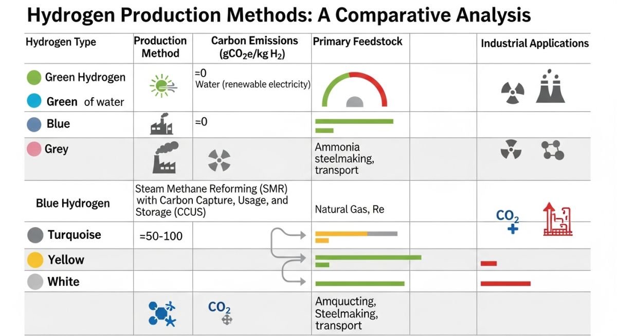 Technical comparison chart of hydrogen types and carbon emissions