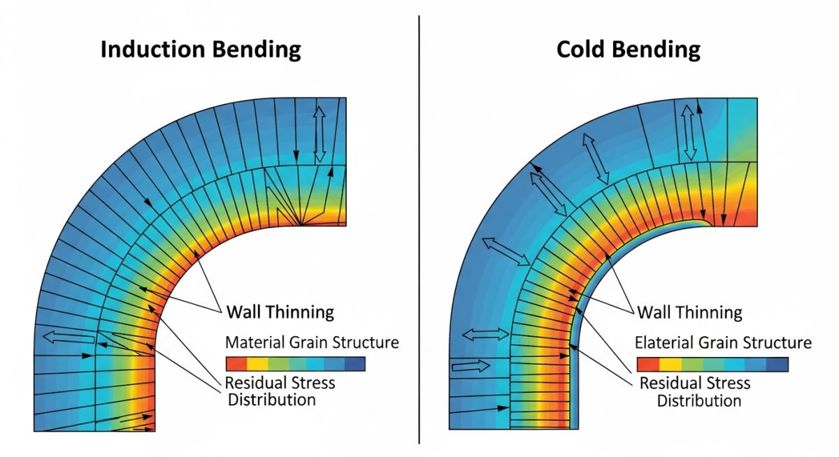Technical comparison diagram of induction bending versus cold bending mechanics