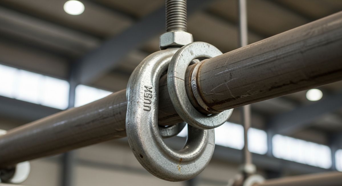 A galvanized steel clevis hanger supporting an industrial pipe suspended from a threaded rod.
