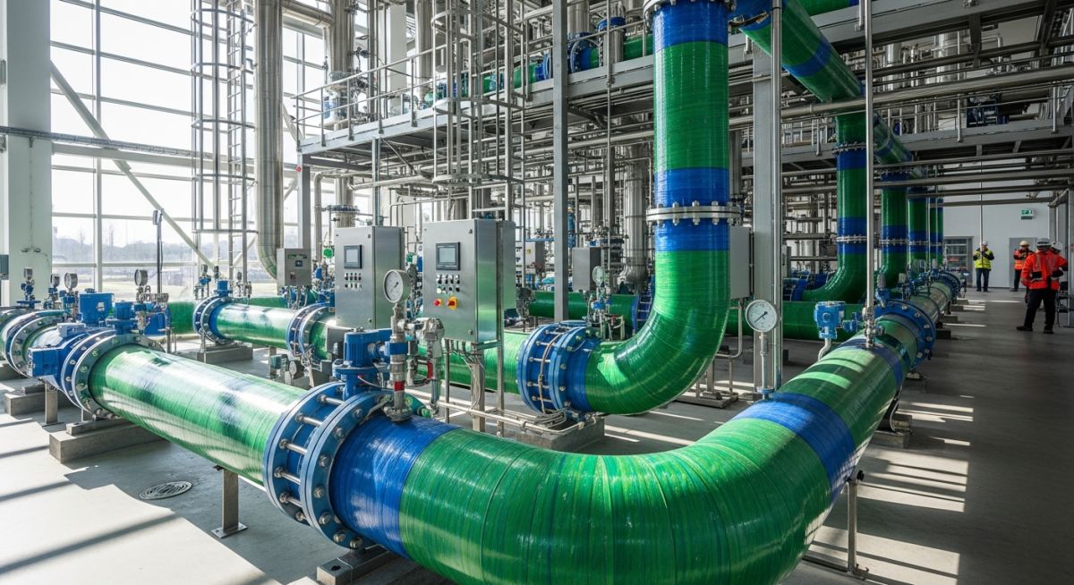 Industrial installation of composite piping systems in a processing plant.