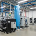 Modern industrial compressed air system installation with rotary screw compressors and receiver tanks in a clean facility.